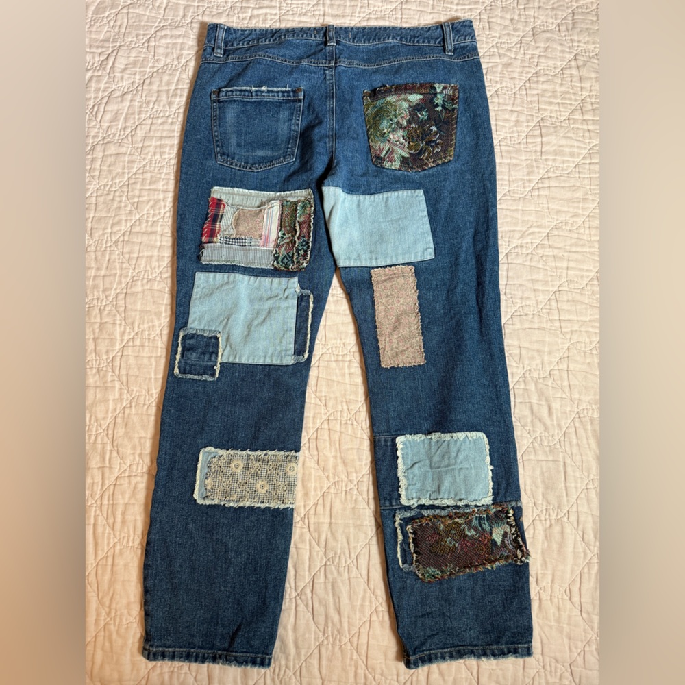 Free People Patchwork Plaid Tapestry Distressed Blue Jeans Boho Frayed Grunge - Picture 4 of 9